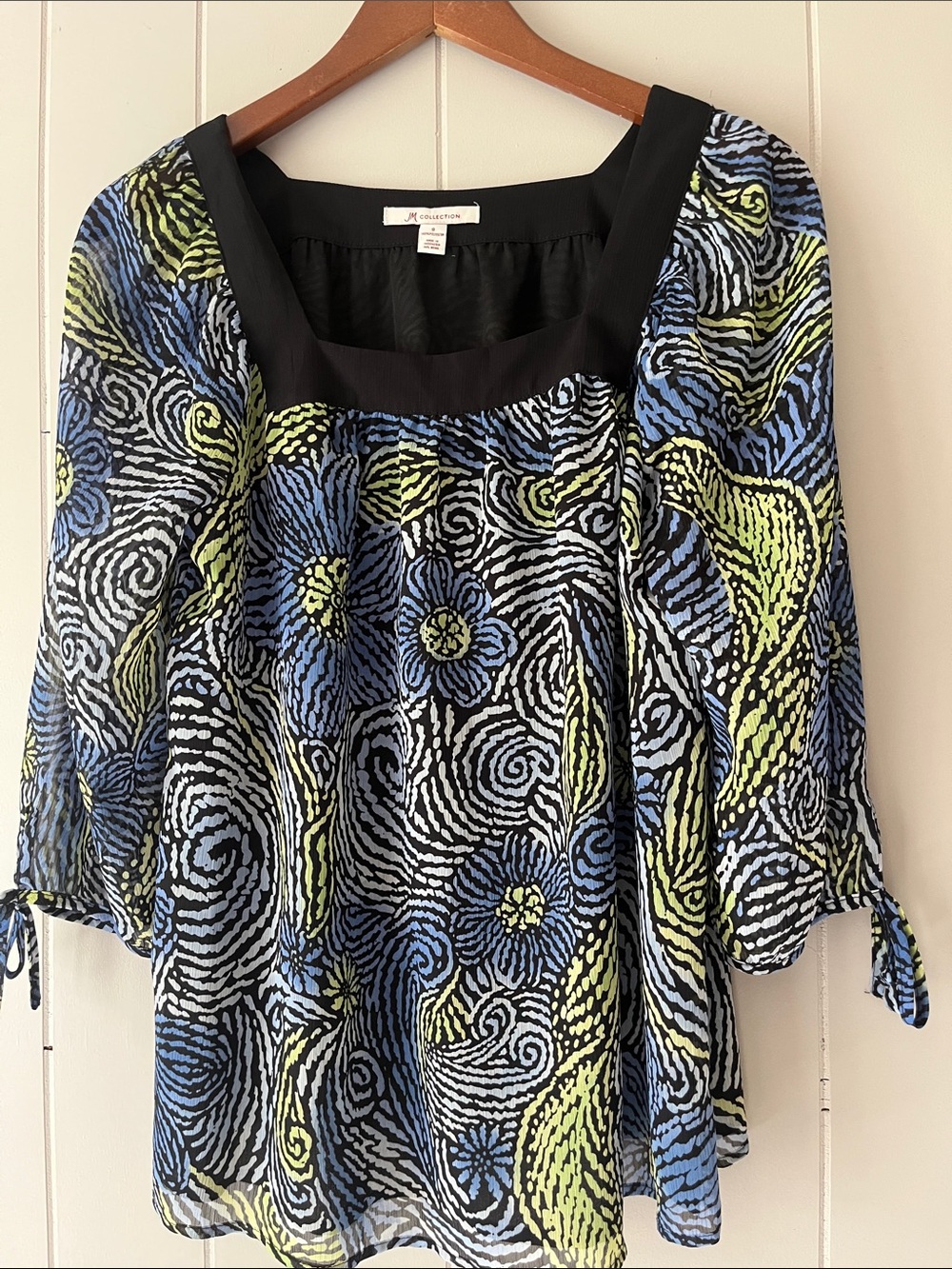 JM Collection Blue, Black & Lime Floral Square-Neck Tunic